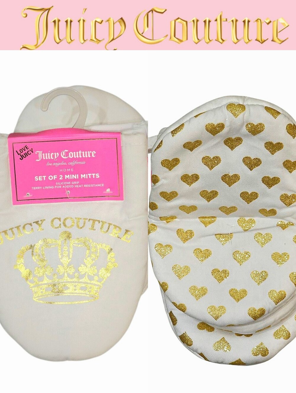 Juicy Couture Home Gold Foul Logo Crown & Hearts Mini Oven Mitt Set